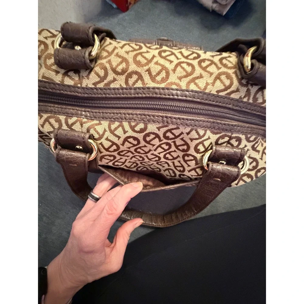 Etienne Aigner Monogram Jacquard Satchel‎ Bag Brown Tan Gold Tone Hardware